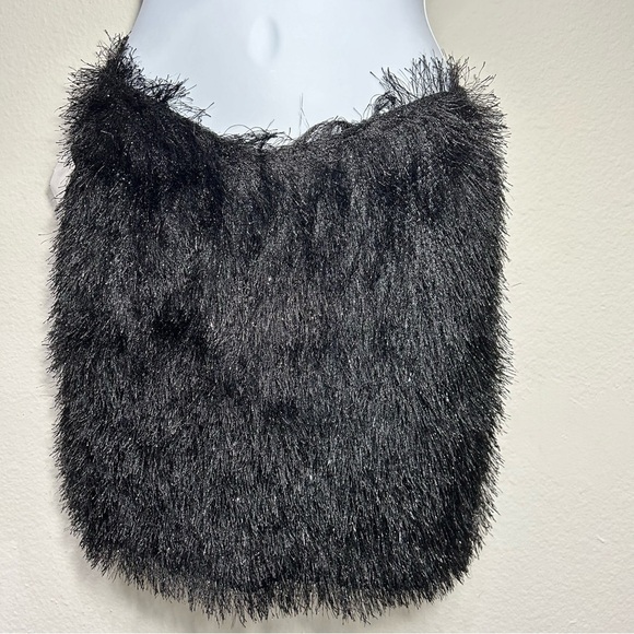 Womens Textured Fuzzy/ Fringed Asymmetrical Waist Mini Skirt Black - Picture 2 of 10